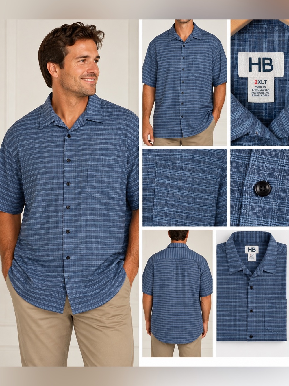 HB Men’s Blue Plaid Short Sleeve Shirt 2XLT